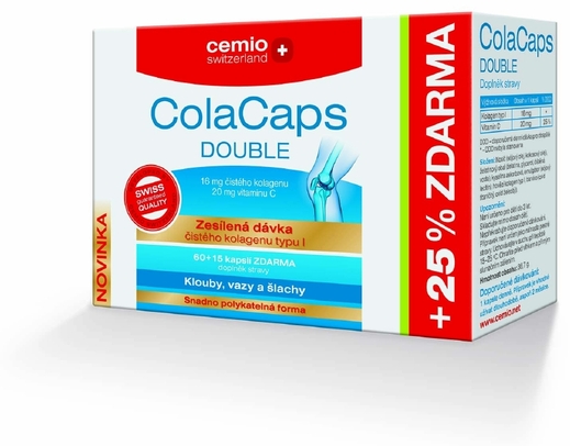Doplněk stravy ColaCaps Double. Obsahuje dvojnásobné množství čistého kolagenu oproti běžně prodávaným přípravkům a potřebné množství vitaminu C.