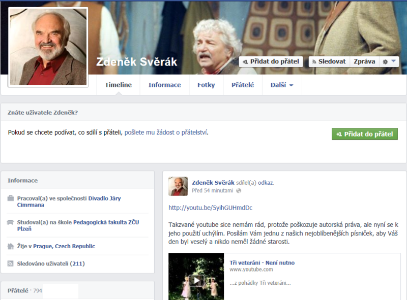 Zdeněk žádný profil na Facebooku nemá. Je to podvod.