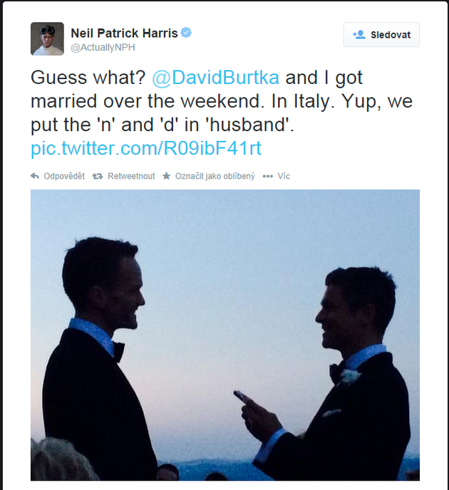 O svatbě informoval Harris své fanoušky na Twitteru.