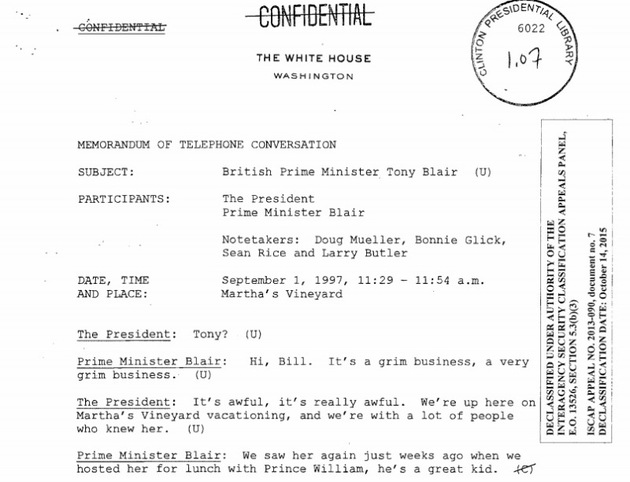 Clintonova prezidentská knihovna odtajnila přepis telefonického rozhovoru obou státníků o Dianině smrti.