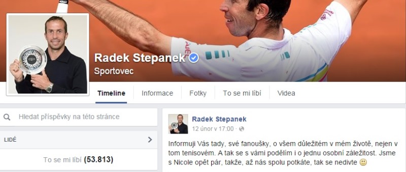 Staronový vztah tenista potvrdil na svém facebookovém profilu.