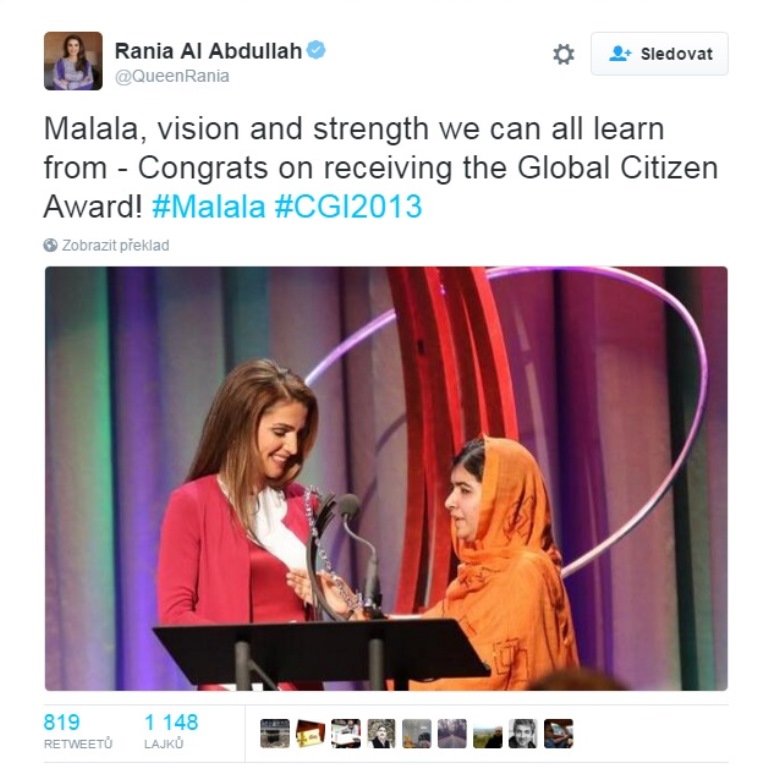 Rania se zasazuje o vzdělávání žen, z Nobelovy ceny pro Malalu Yousafzai měla velkou radost.