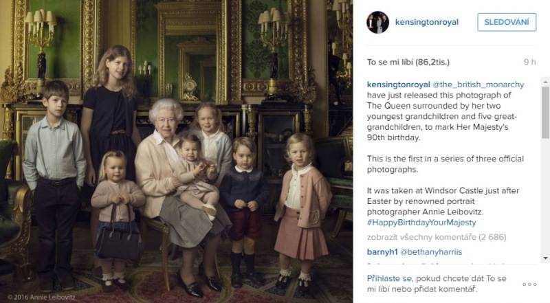 Královna Alžběta II. se při příležitosti svého životního jubilea nechala vyfotografovat s vnoučaty a pravnoučaty.