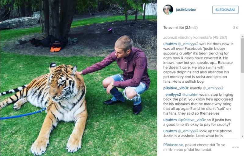 Justin Bieber se vyfotil s tygrem a naštval tím organizaci PETA.