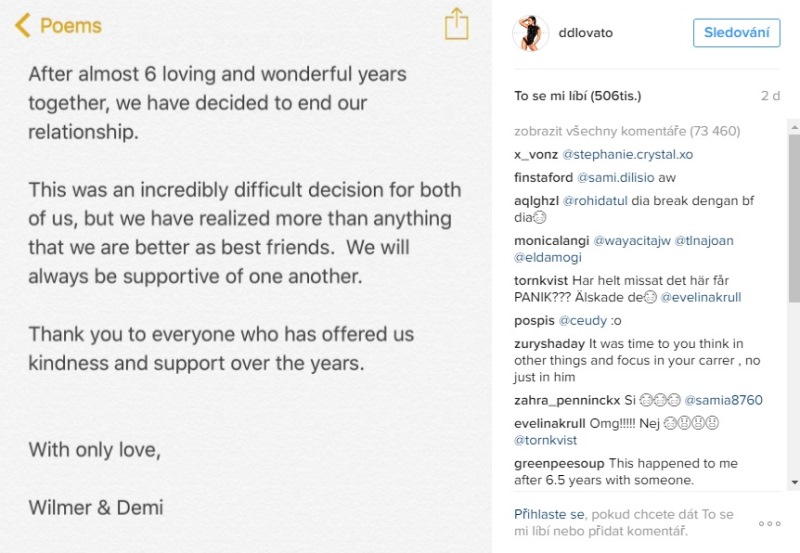 Pomocí tohoto vzkazu na Instagramu oznámili Demi a Wilmer, že je konec.