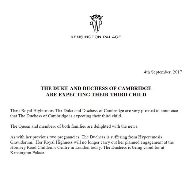 Oznámení se objevilo dnes na Twitteru Kensingtonského paláce. 