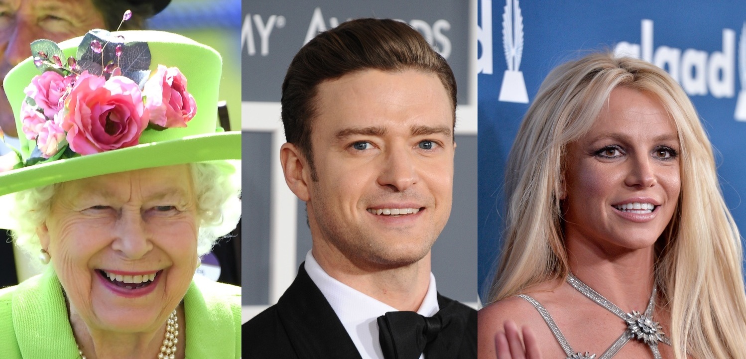 Královna Alžběta II., Justin Timberlake a Britney Spears.