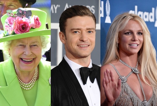 Královna Alžběta II., Justin Timberlake a Britney Spears.