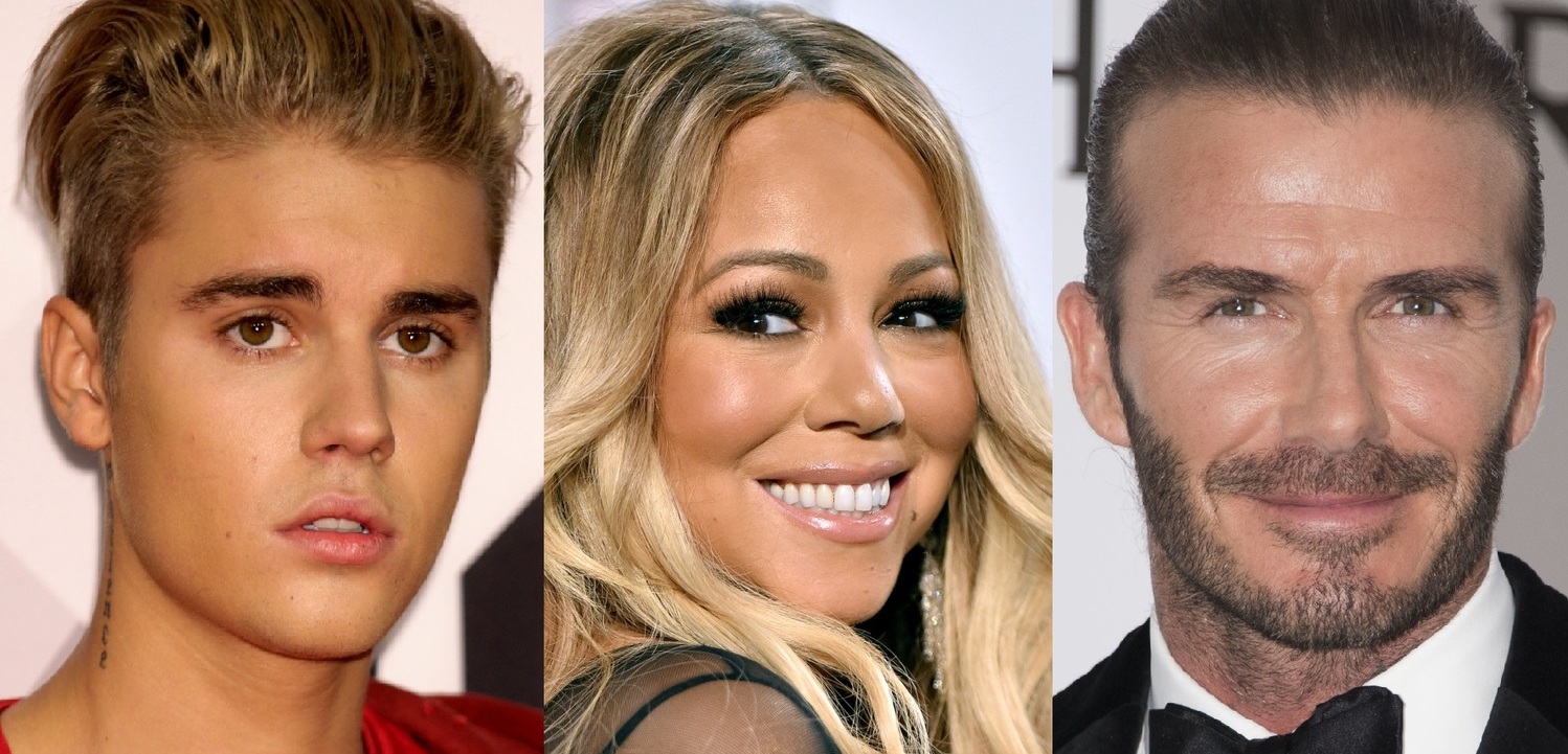Justin Bieber, Mariah Carey a David Beckham.