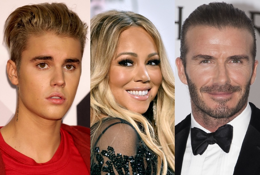 Justin Bieber, Mariah Carey a David Beckham.