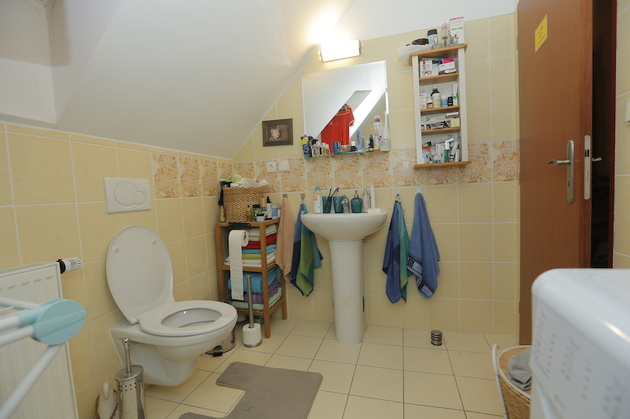 Koupelna spojená s WC je prakticky zařízená a díky světlé barvě obkladu vypadá prostorněji.